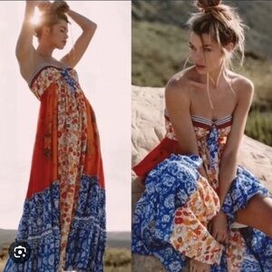 Free People Golden Dreams Floral Strapless Ruffle Prairiecore Maxi Sundress